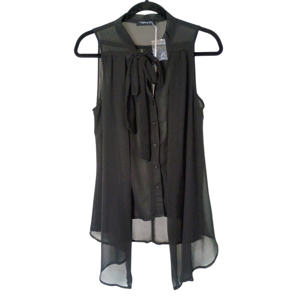The Clothing Co Womens Black Chiffon Sleeveless Tie Neck Button Down Blouse L